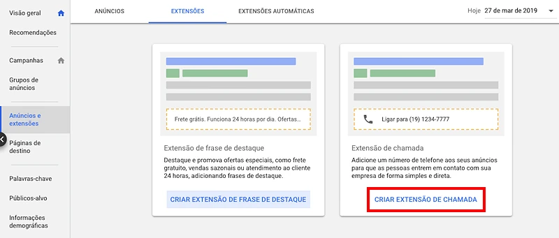 Google Ads extensão de chamadas para anúncios