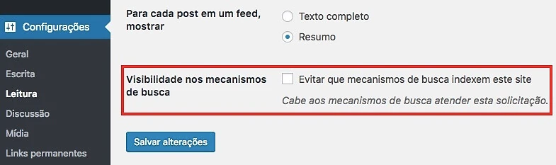 WordPress permissão para mecanismos de busca