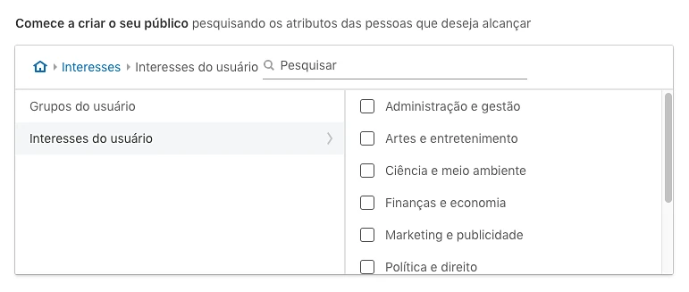Modelos pré-definidos de públicos por interesse no LinkedIn