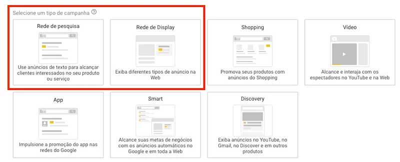 Campanhas da rede de pesquisa e da rede de display no google ads