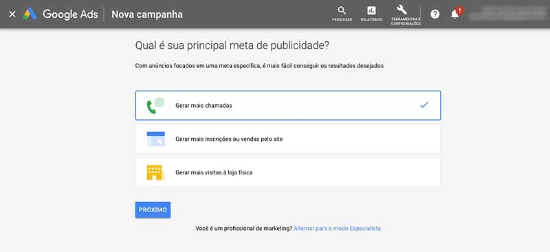 Escolher meta para nova campanha inteligente no Google Ads