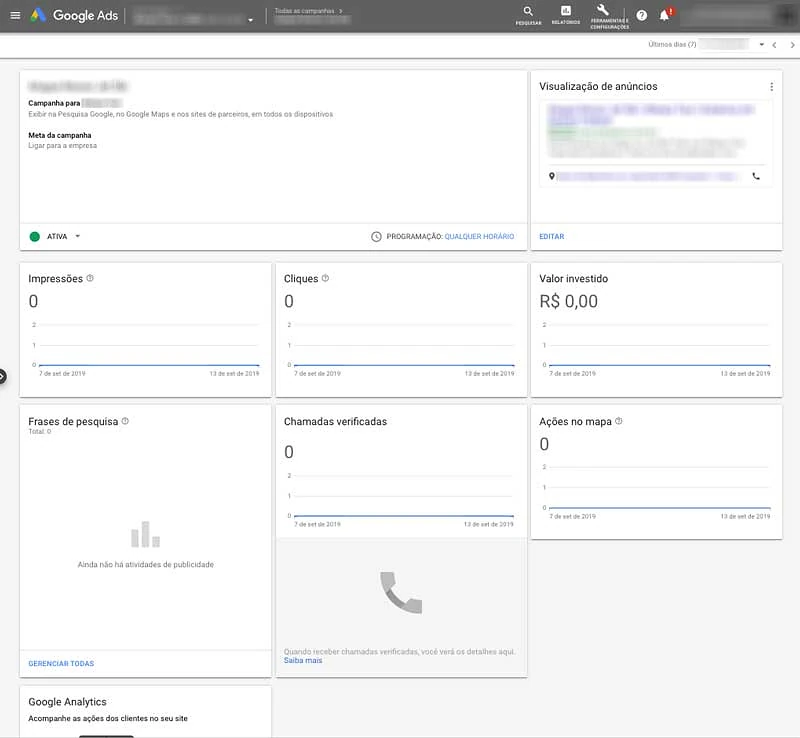 Painel de desempenho da sua campanha inteligente no Google Ads