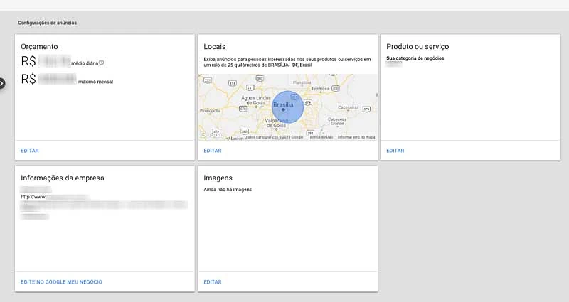 Painel de configurações dos anúncios da sua campanha inteligente no Google Ads