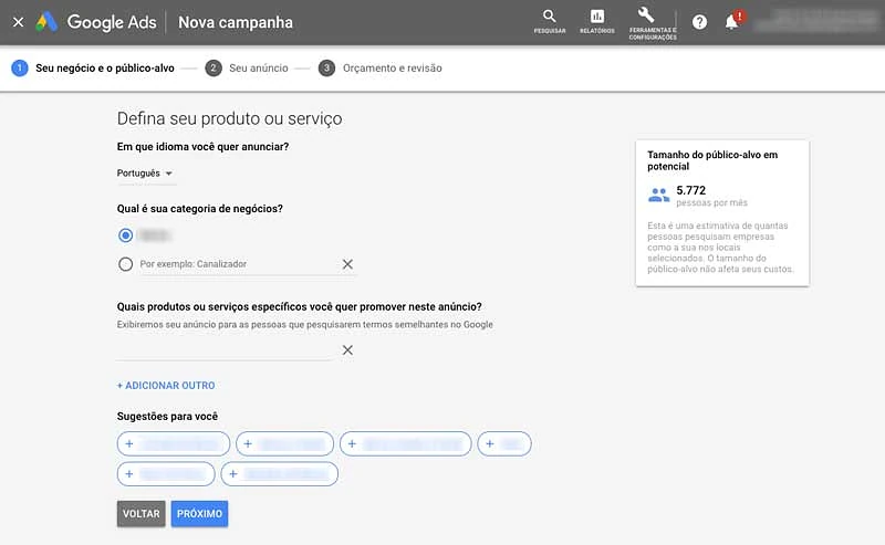 Definir produto ou serviço para campanha inteligente no Google Ads