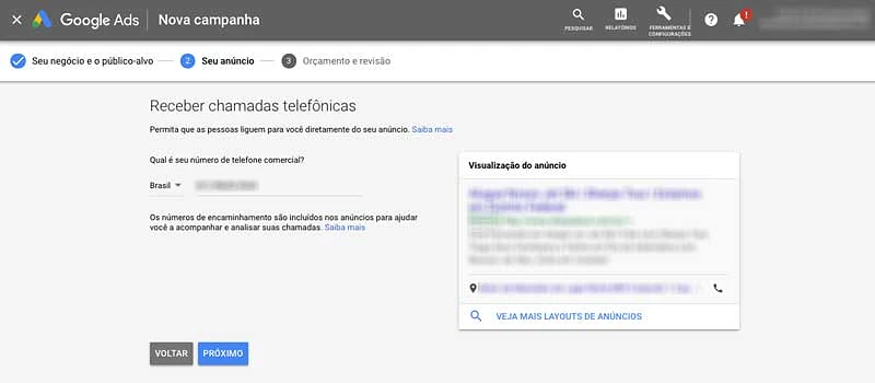 Insira seu número de telefone comercial na campanha inteligente no Google Ads