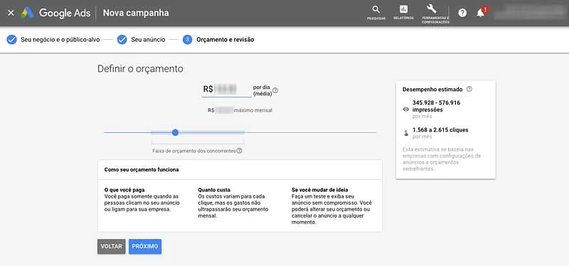 Defina o orçamento diário da sua campanha inteligente no Google Ads