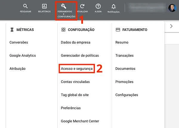 Ferramentas e configurações, acesso e segurança