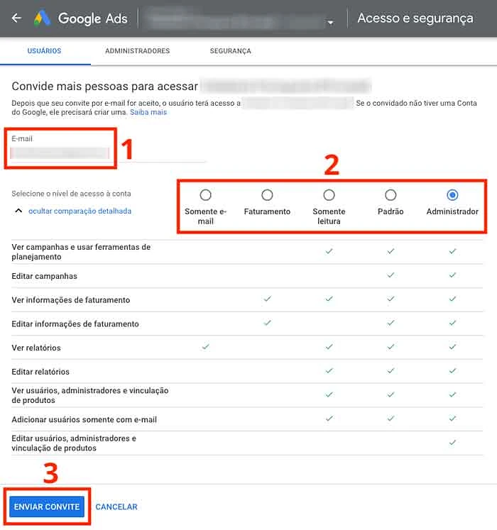 Adicionar novo usuário à conta Google Ads