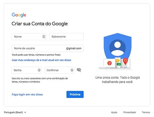 Formulário de criação de conta Google Gmail