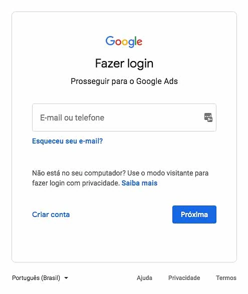 Tela de login de conta Google
