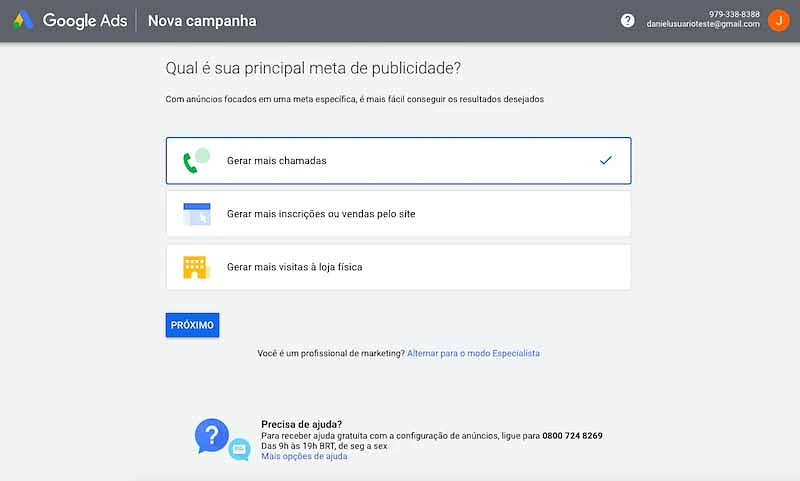 Tela de criação da primeira campanha no Google Ads
