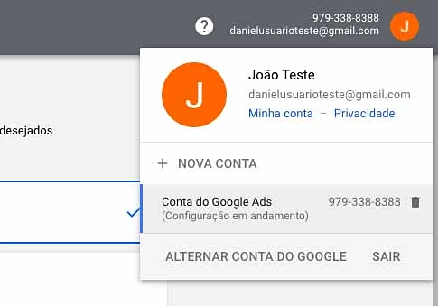 Número do Id de cliente do Google Ads no canto direito superior