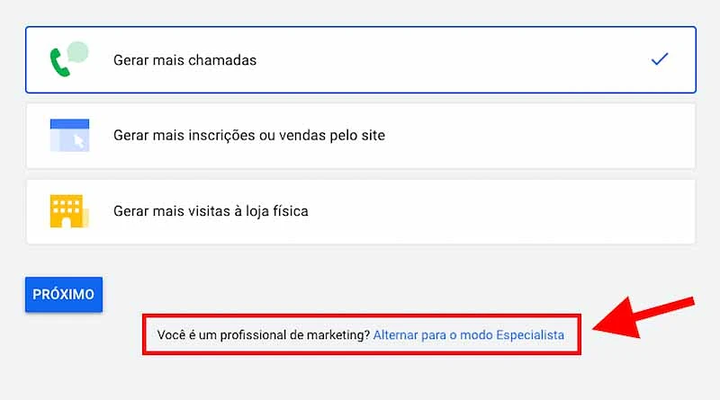 Link "Alternar para o modo Especialista" do Google Ads