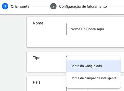 Tipo da nova conta Google Ads