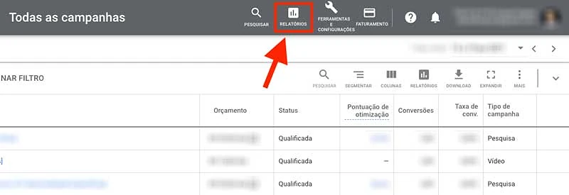 Como acessar os relatórios no menu superior do Google Ads