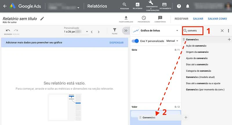 Editor de Relatórios do Google Ads com campo de busca para encontrar dimensões e métricas