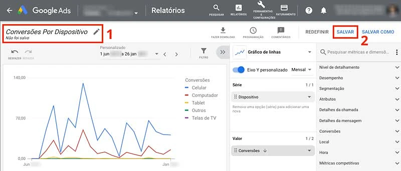 Relatório de conversões por dispositivo no Google Ads