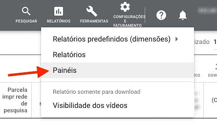 Opção Painéis dentro de Relatórios no Google Ads