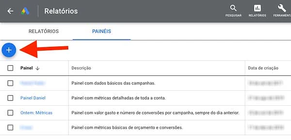Criar novo painel com métricas no Google Ads