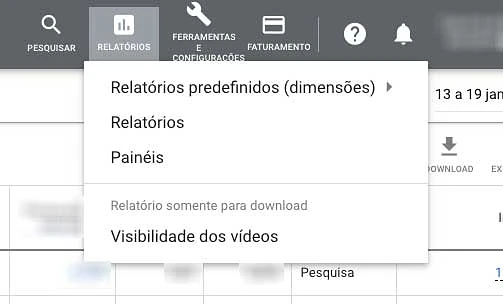 Subitens de Relatórios no menu superior do Google Ads