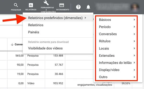 Relatórios predefinidos (dimensões) do Google Ads