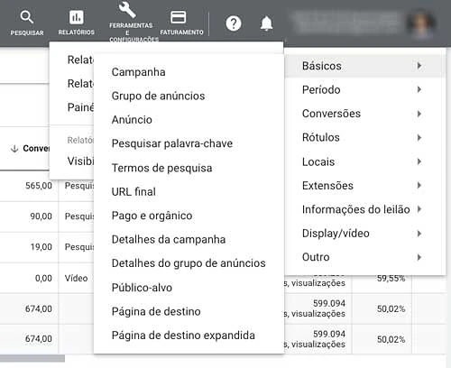 Opções de relatórios predefinidos (dimensões) do Google Ads