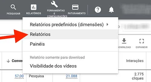 Opção "Relatórios" dentro de "Relatórios" no menu superior do Google Ads