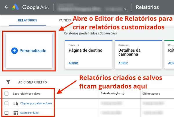 Botão para criação de relatórios customizados no Google Ads
