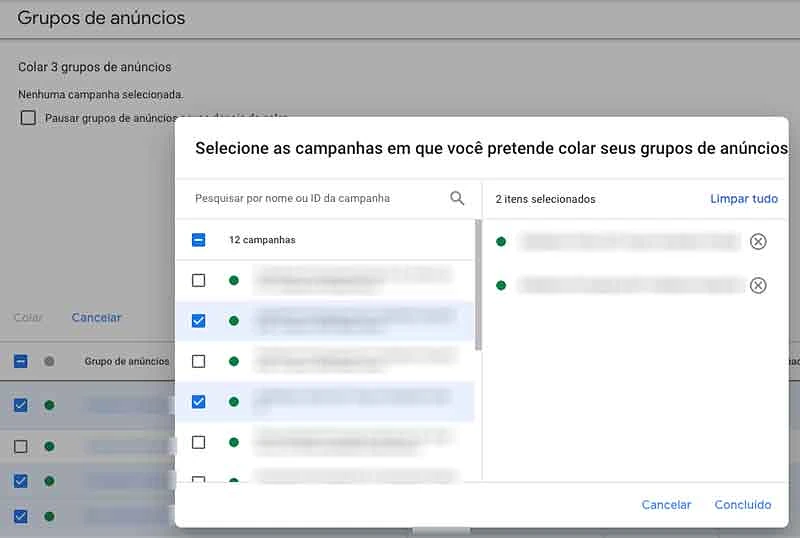Selecionar campanhas onde colar grupos de anúncios copiados