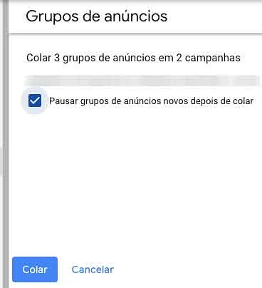 Pausar grupos de anúncios depois de colar