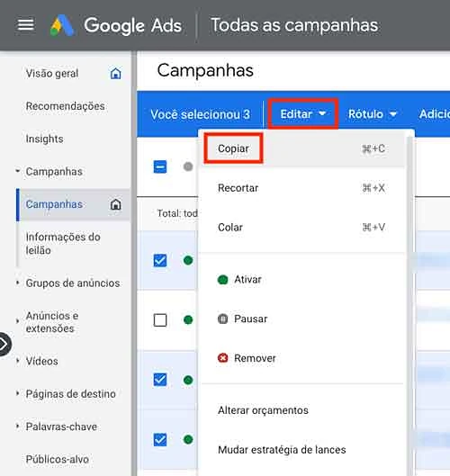 Menu Editar, copiar campanhas
