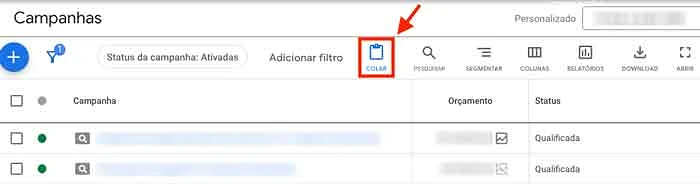 Ícone colar campanha no Google Ads