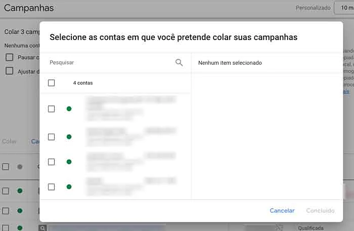 Copiar e colar campanhas Google Ads em uma conta MCC