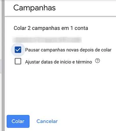 Pausar campanhas depois de colar