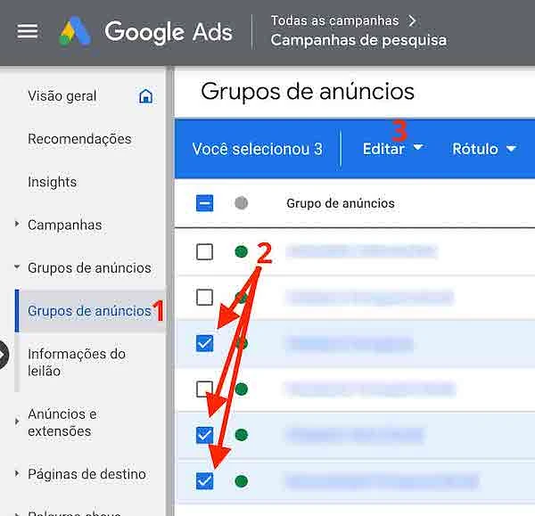 Selecionar grupos de anúncios