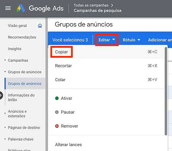 Menu editar, copiar grupos de anúncios
