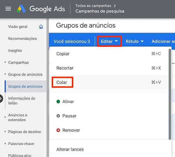 Menu Editar, colar grupos de anúncios