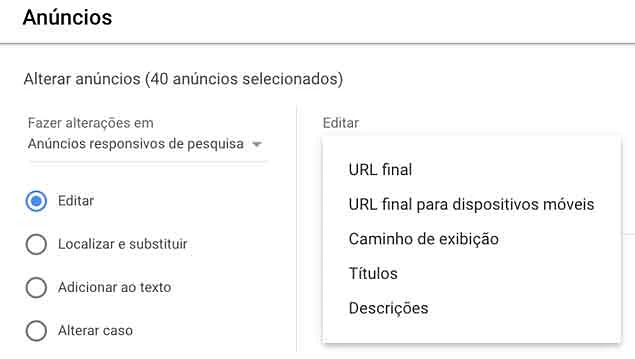 Opções de edição de anúncios dentro de "Editar"