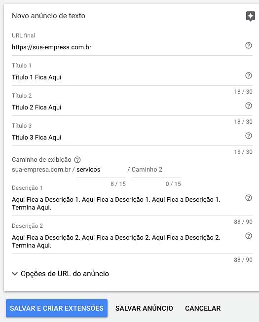 Tela de edição de anúncio de texto expandido