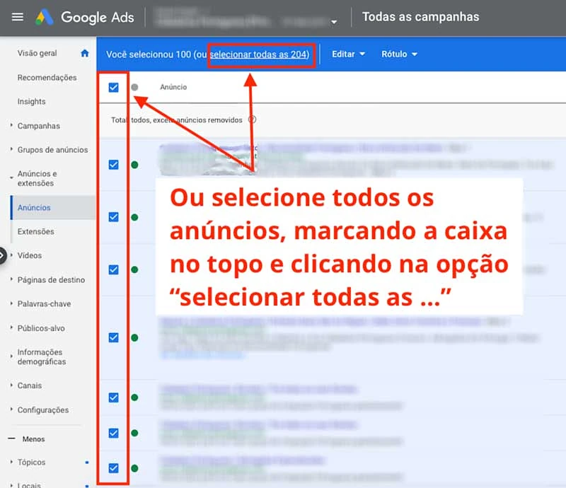Como selecionar todos os anúncios no Google Ads