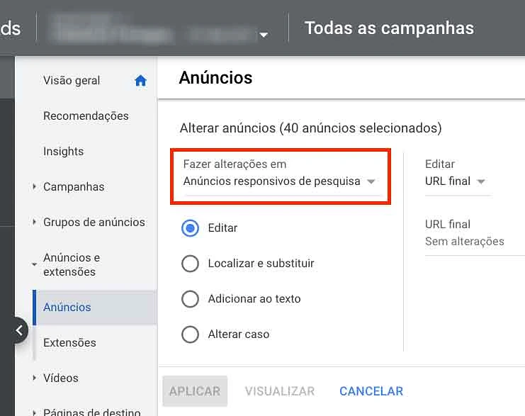Escolher o tipo de anúncio que será alterado no Google Ads