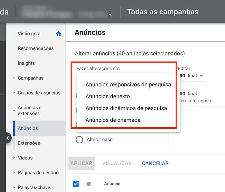 Opções de tipos de anúncios para edição em massa no Google Ads