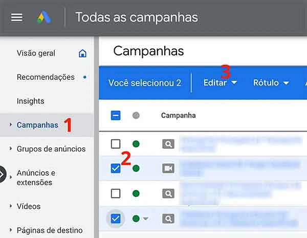 Selecionar campanhas para remover no Google Ads