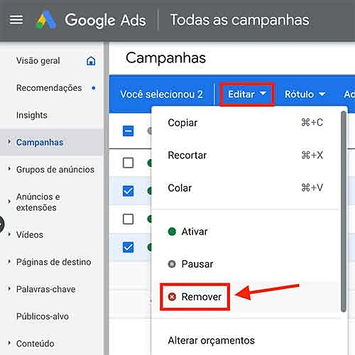 Remover campanhas selecionadas