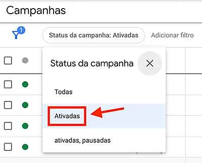 Filtro que exibe campanhas ativadas no Google Ads