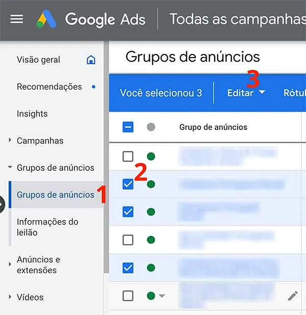 Selecionar grupos de anúncios para remover