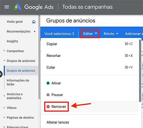 Remover grupos de anúncios selecionados