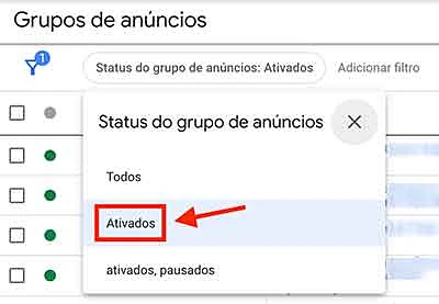 Filtro que exibe somente grupos de anúncios ativados