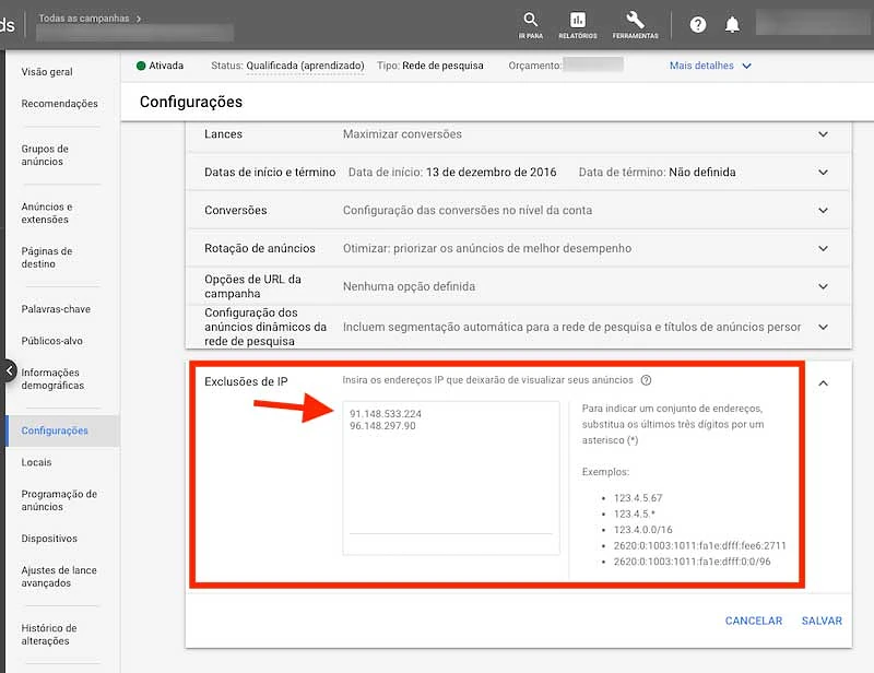 Campo para excluir endereços de IP no Google Ads