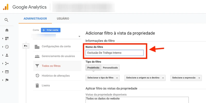 Google Analytics, nome do filtro